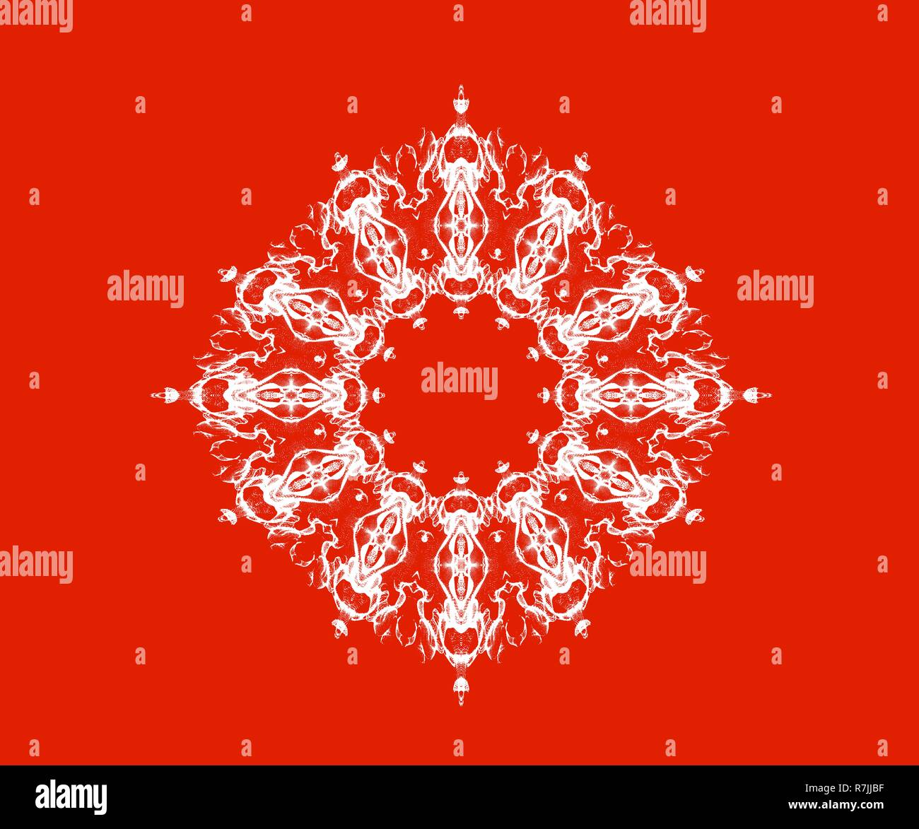 Weiße Schneeflocken auf rotem Hintergrund Stockfoto