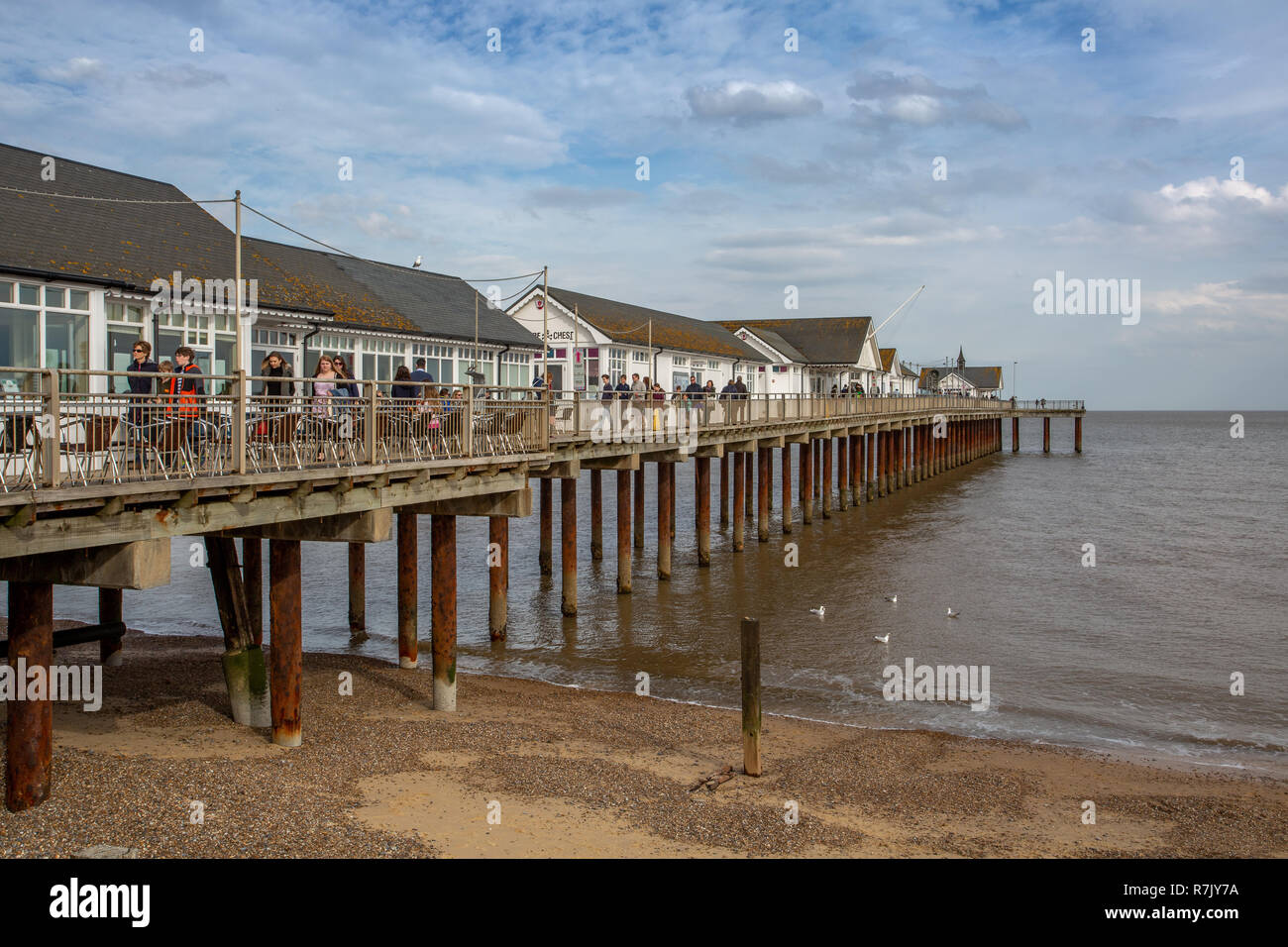 Southwold Pier in Southwold in der Grafschaft Suffolk eine Küstenstadt mit Pier an der Nordsee Stockfoto