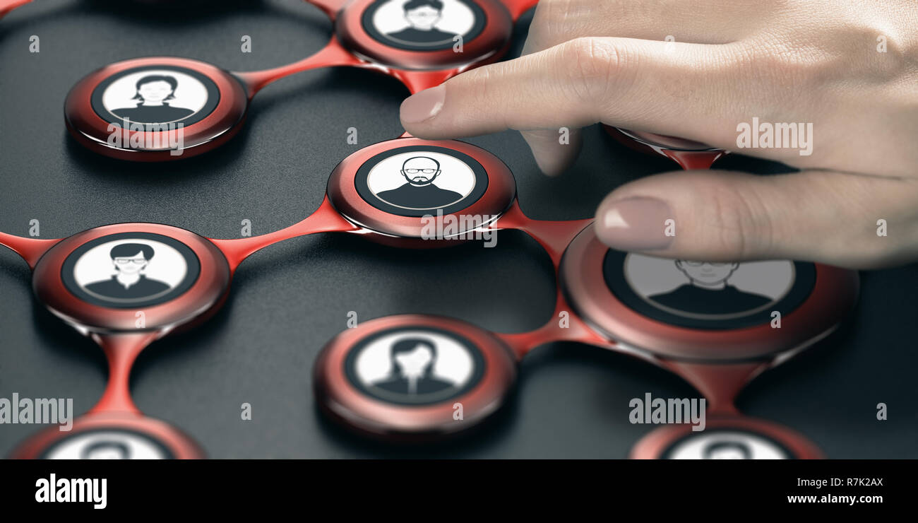 Finger, mit dem ein Avatar eines Kontakts in einem Business Netzwerk zu wählen. Das zusammengesetzte Bild zwischen einer hand Fotografie und 3D-Hintergrund. Stockfoto