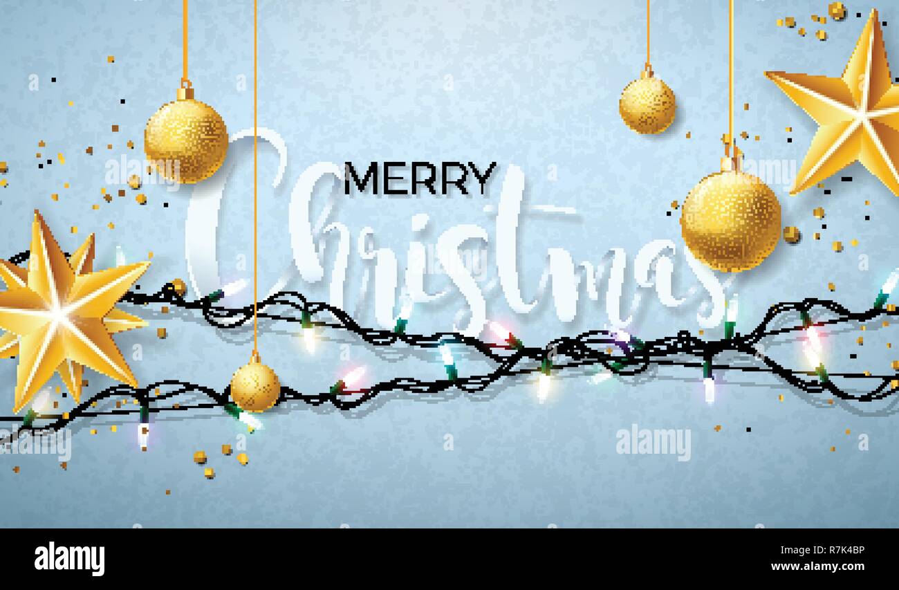 Weihnachten Abbildung mit leuchtenden bunten Lichtern Girlande für Weihnachten und ein glückliches Neues Jahr. Grußkarten Design auf glänzenden blauen Hintergrund. Stock Vektor