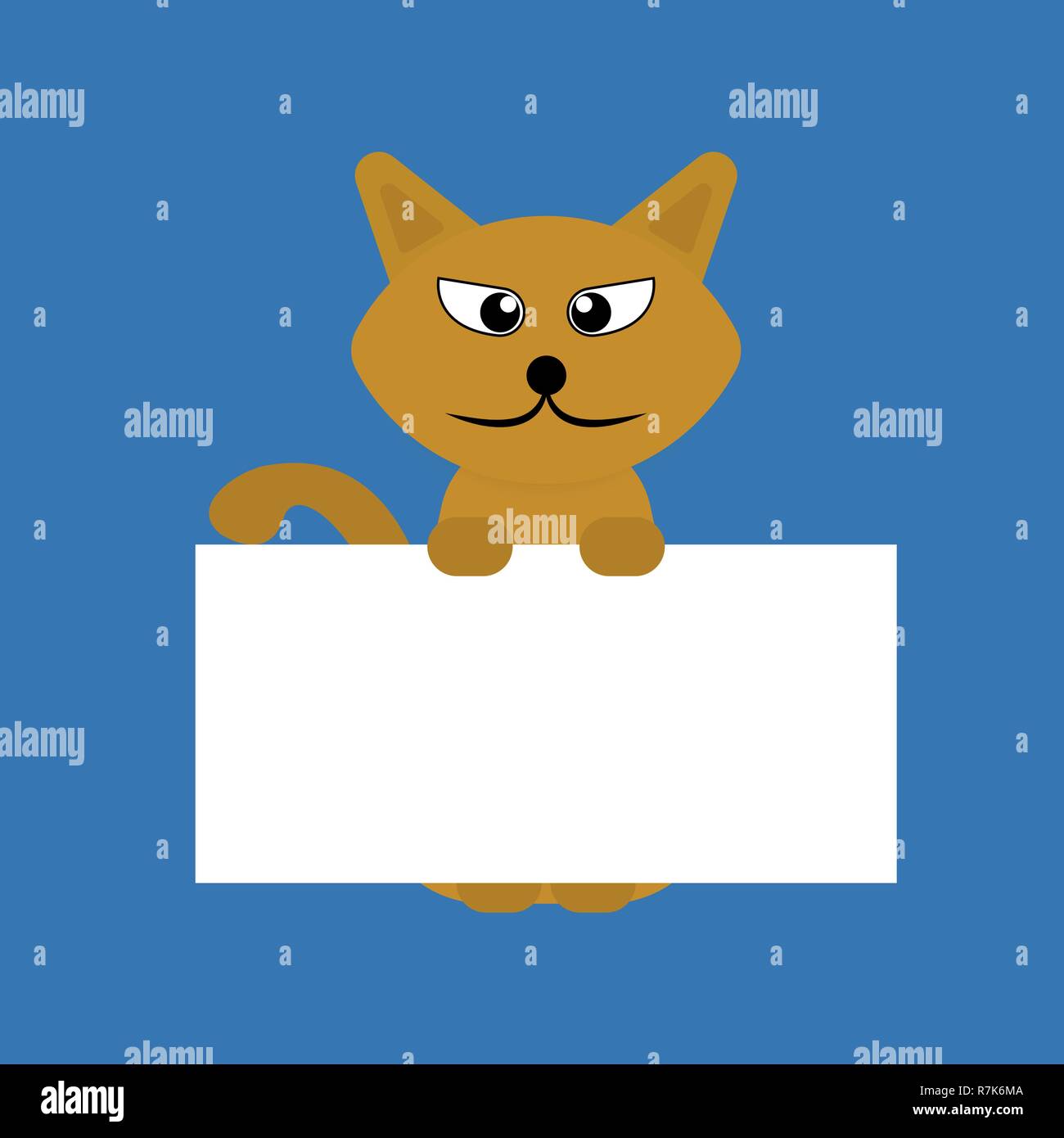 Cartoon orange pet Cat zeigt ein Plakat auf blauem Hintergrund, Vektor, Abbildung: isoliert, eps-Datei Stock Vektor