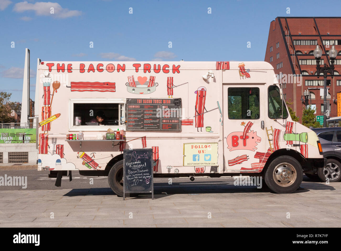 Den Speck essen Lkw Lkw, Boston, Massachusetts, Vereinigte Staaten von Amerika. Stockfoto