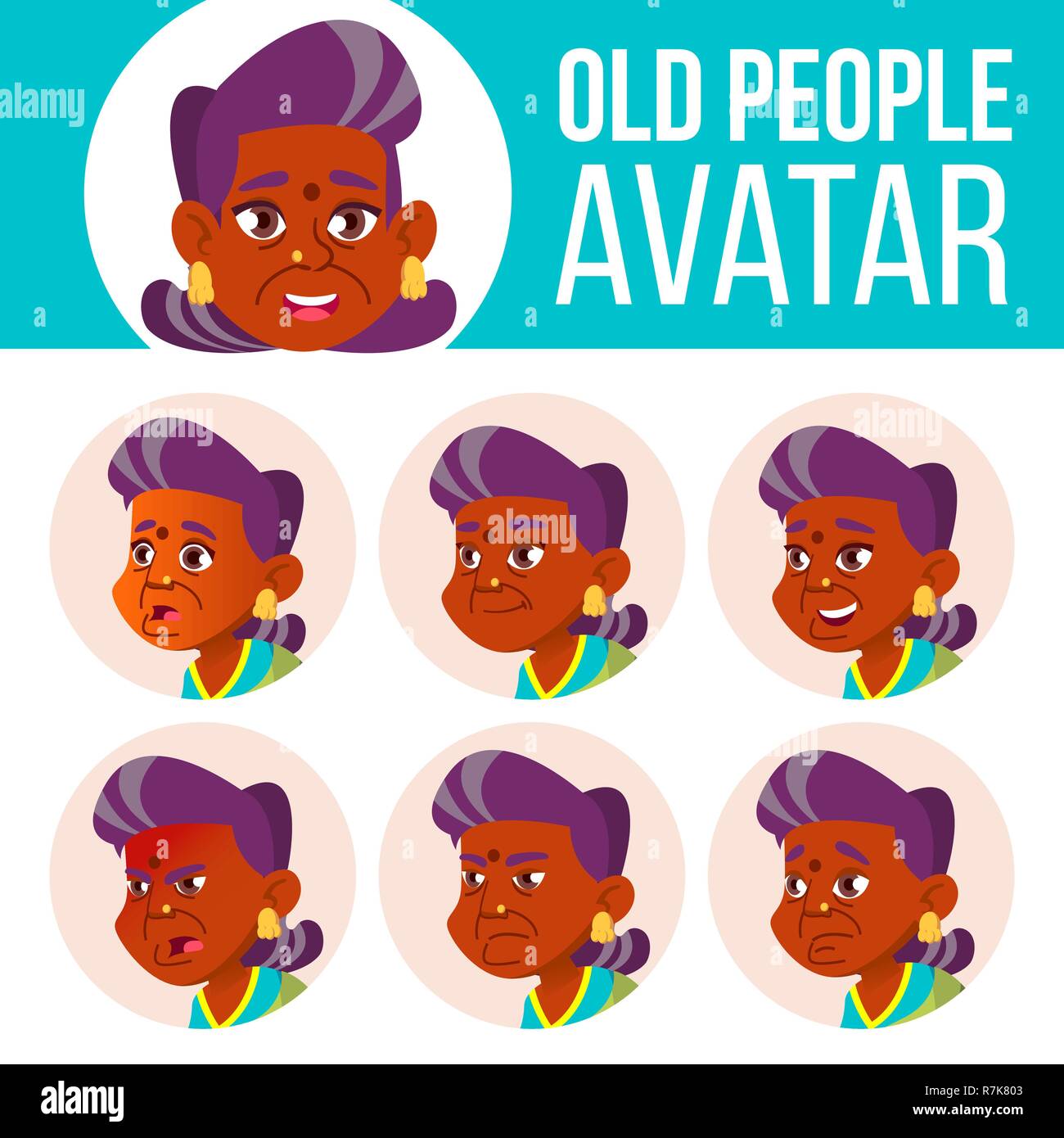 Indische alte Frau Avatar Set Vektor. Hindu. Asiatische. Gesicht Emotionen. Ältere Person Porträt. Ältere Menschen. Im Alter. Gesichtsbehandlung, Leute. Aktive, Freude. Cartoon Kopf Abbildung Stock Vektor