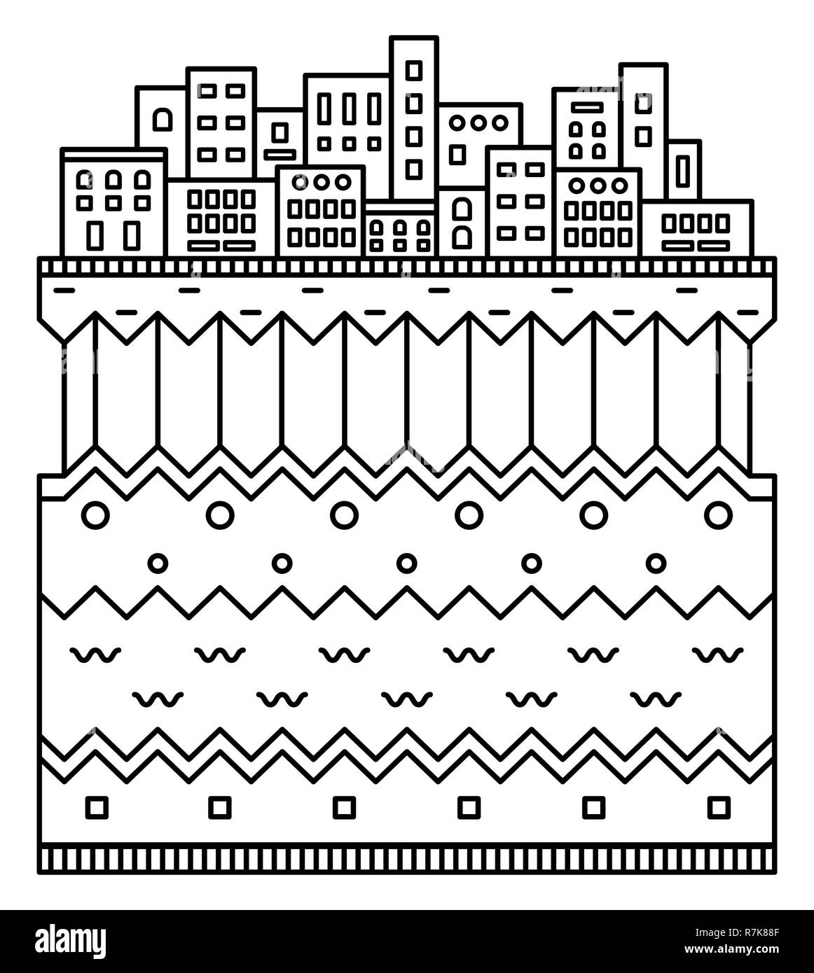 Einfache Stadt Silhouette. Schichten der Erde. Lineare Abbildung auf weißem Hintergrund. Flache Bauform. Cartoon-Symbol. Linear dünne Abbildung. Stock Vektor