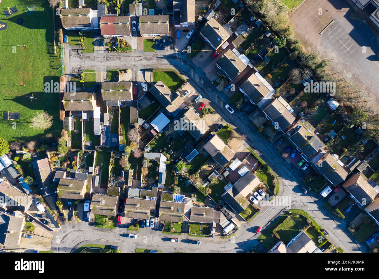 Luftaufnahme von Häusern in einem Vorort in England Stockfoto