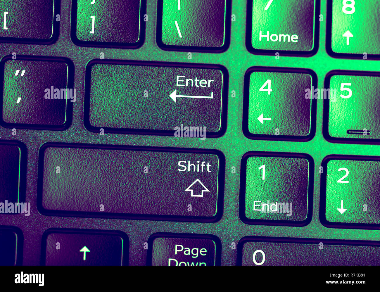 Schließen Sie herauf Bild von Grün Violett Keyboard mit ENTER-Taste Stockfoto