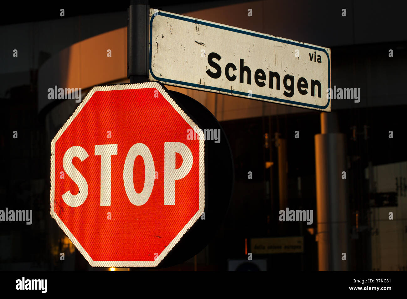 Die Schengener Traum des integrierten Europa ohne Grenzen und mit einer gemeinsamen Identität in Gefahr Stockfoto