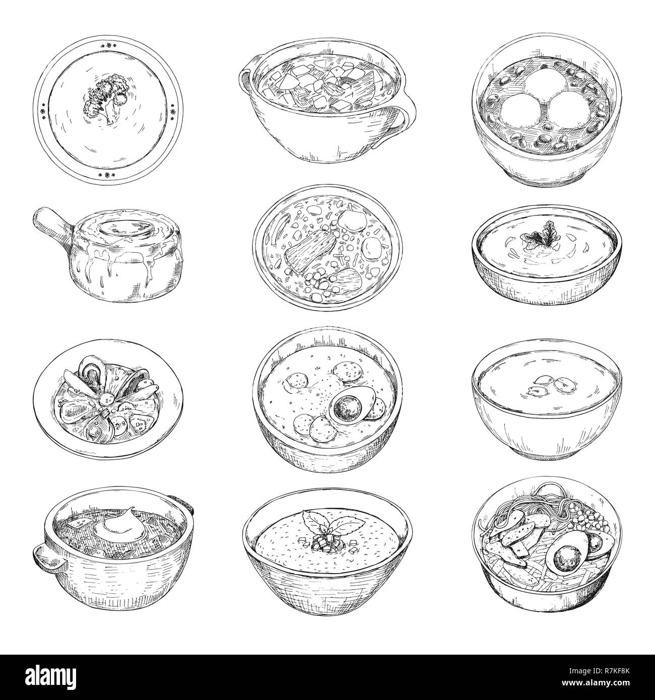 Satz von verschiedenen Suppen. Vector Illustration in Skizze Stil. Stock Vektor