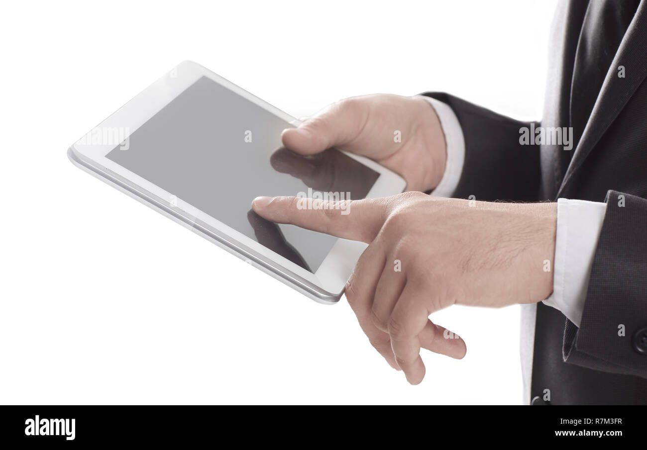 Bis Zu Schliessen Geschaftsmann Durch Tippen Auf Den Bildschirm Der Digitalen Tablet Stockfotografie Alamy