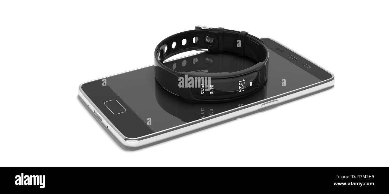 Fitness und Technik, gesunden Lebensstil. Fitness Tracker, smart Watch und Mobiltelefon auf weißem Hintergrund. 3D-Darstellung Stockfoto