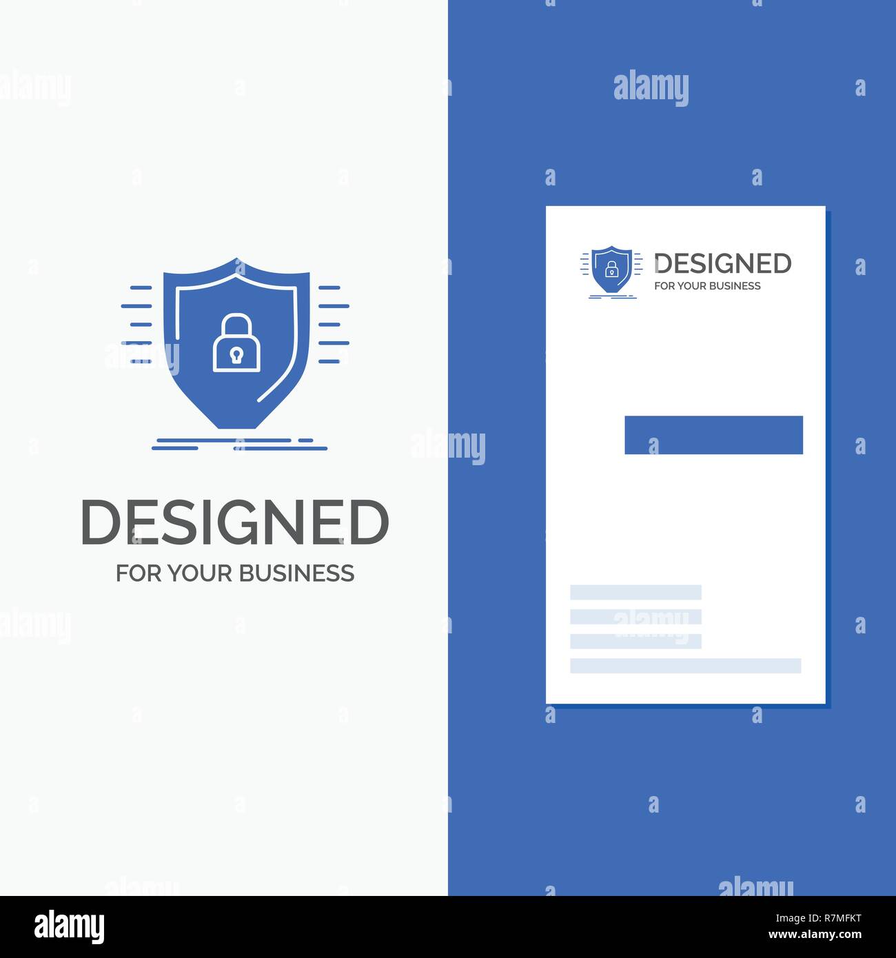Business Logo für Verteidigung, Firewall, Schutz, Sicherheit, Schild. Vertikale blaue Business/Visitenkarte vorlage. Stock Vektor