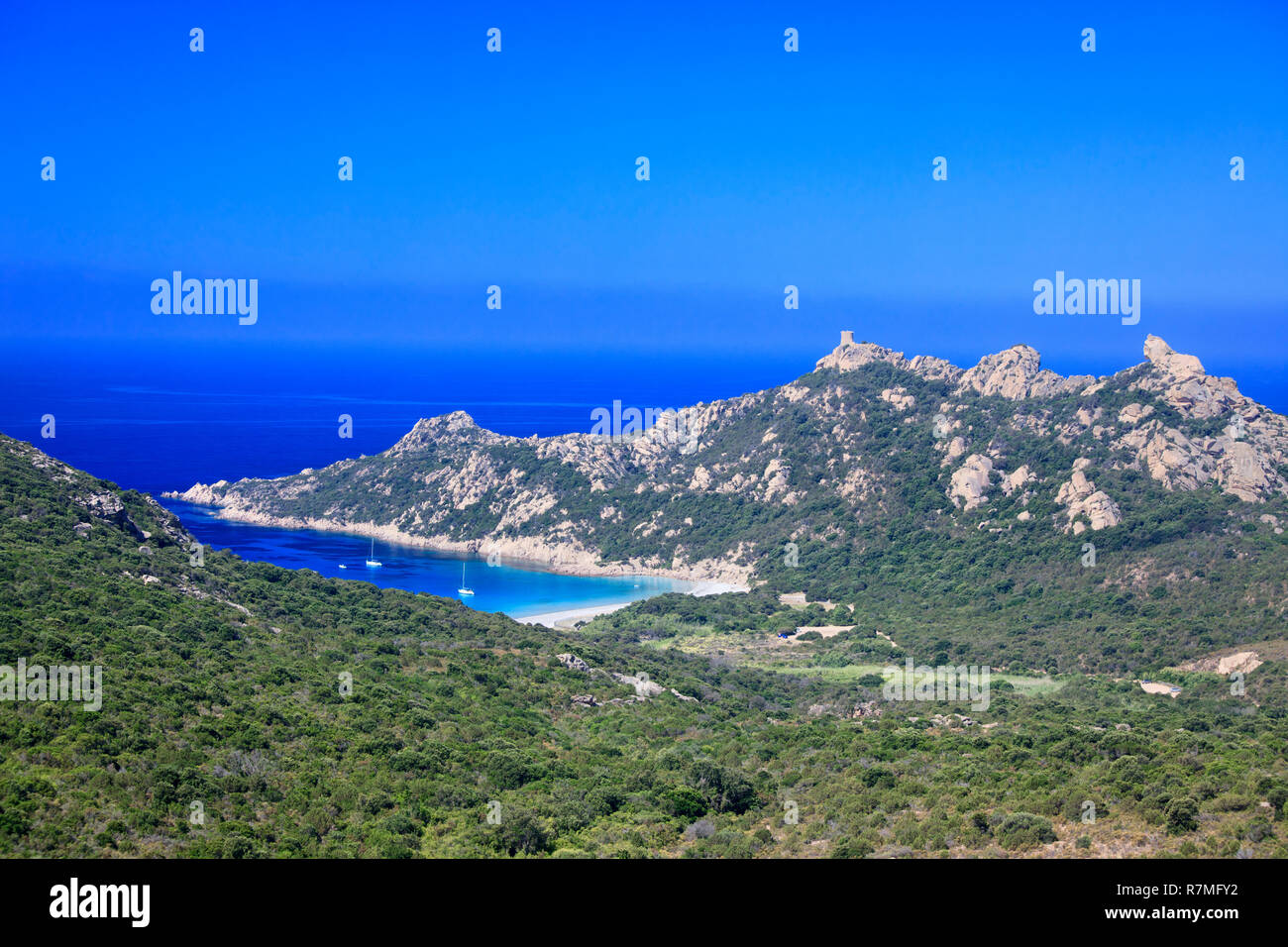 Bucht von Roccapina auf der Insel Korsika, Frankreich. Auf dem Berg ein genuesischer Turm und rechts einen Stein wie ein Löwe. Segelboote Verankerung Stockfoto