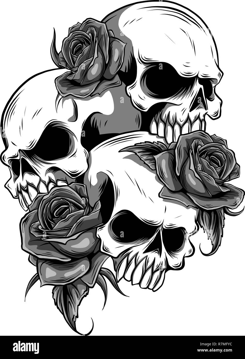 Menschlicher Schädel mit Rosen im TattooStil Isoliert auf