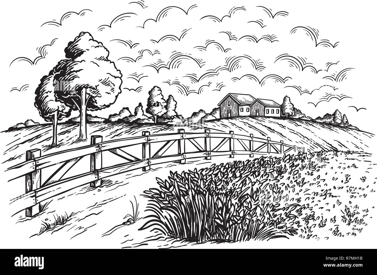 Landwirtschaftlichen Feld mit reifen Weizen auf dem Hintergrund der Mühle und Dorf, Wolken. Farbe Vector Illustration Stock Vektor