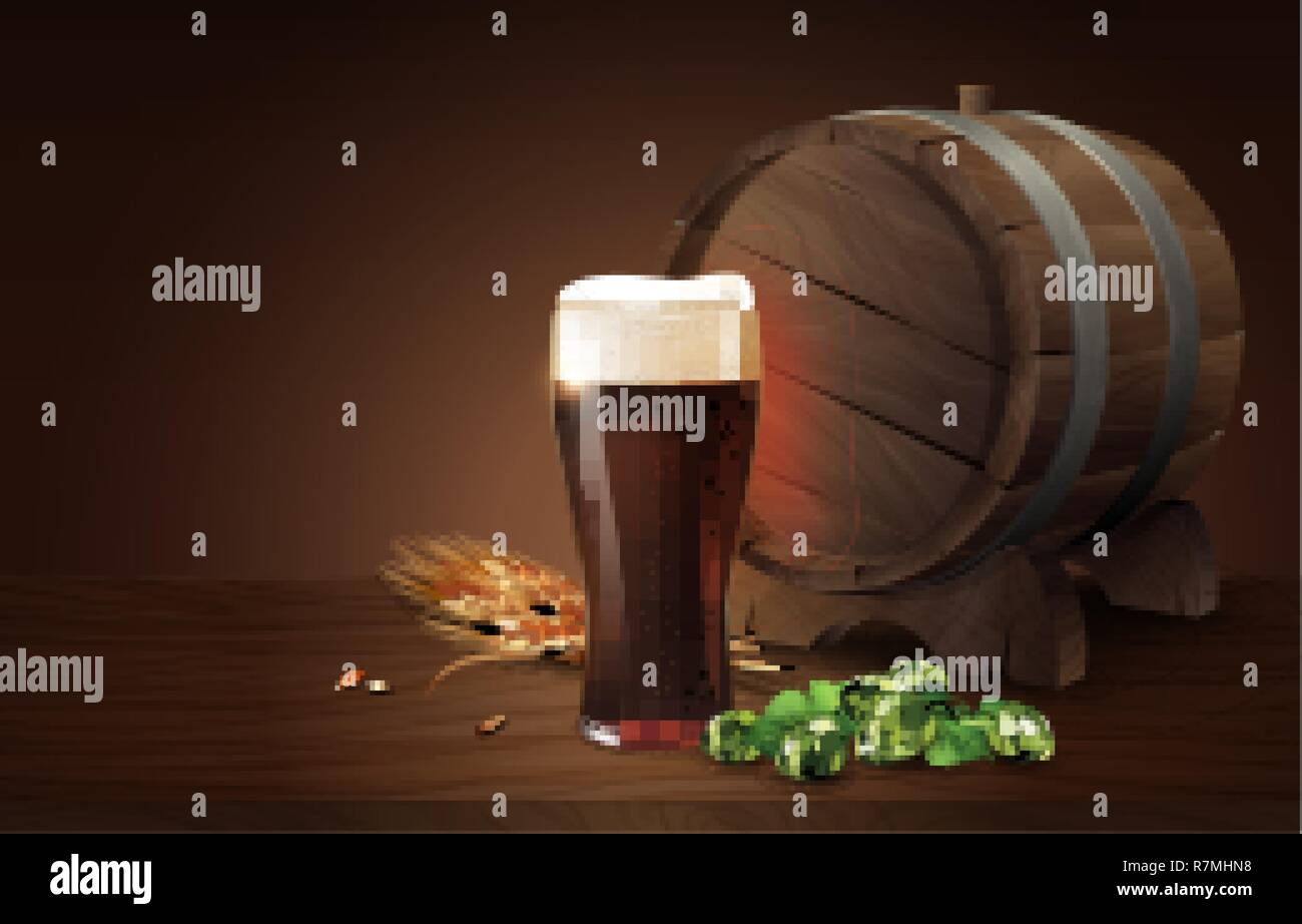 Dunkle porter Bier im Glas Schale und Holz Fass mit Weizen, Hopfen, erfrischenden Drink mit weißer Schaum in 3D-Illustration, Spritzer Bier Vector Illustration Stock Vektor