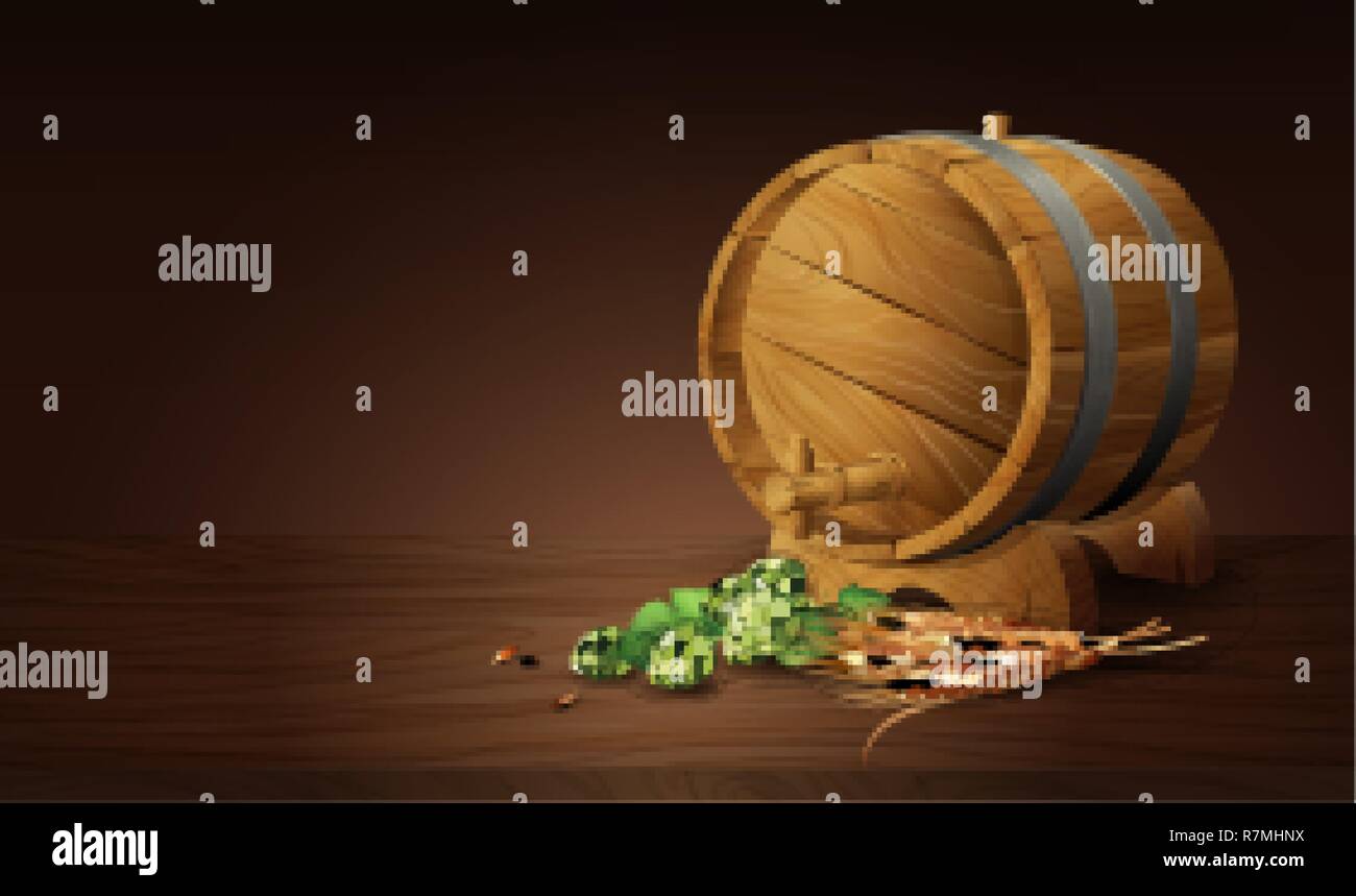 Holz Fass mit Weizen und Hopfen in 3D Vektor illustration Stock Vektor