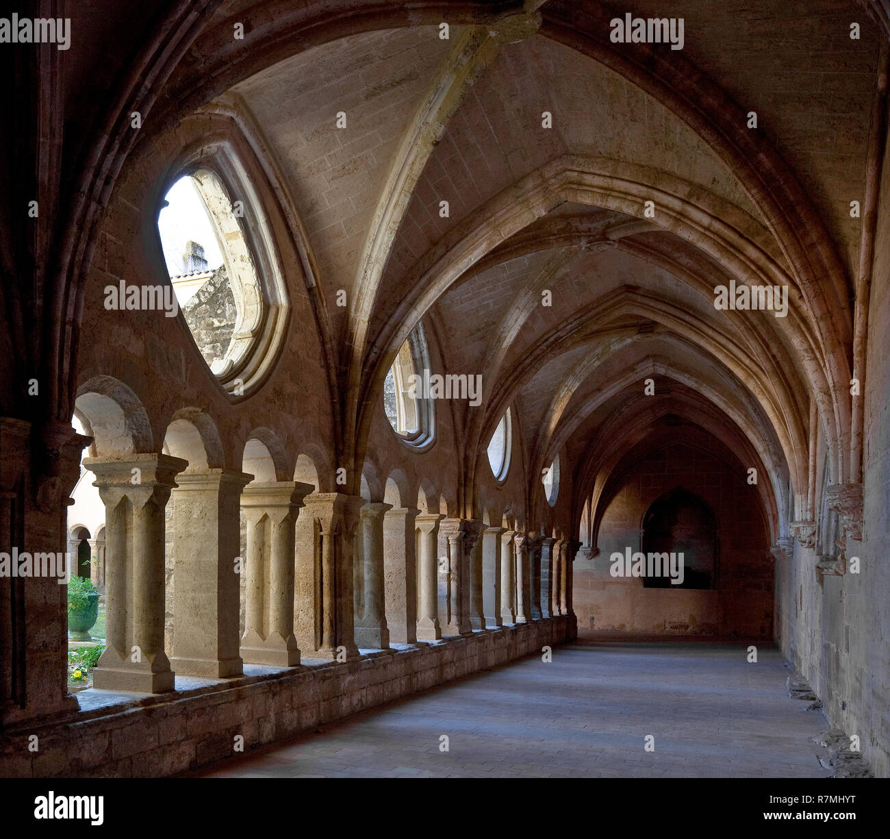 Valmagne bei Montpellier, Abtei, Kreuzgang mit dreieckigen runden und viereckigen Okuli über den Rundbogenarkaden Stockfoto