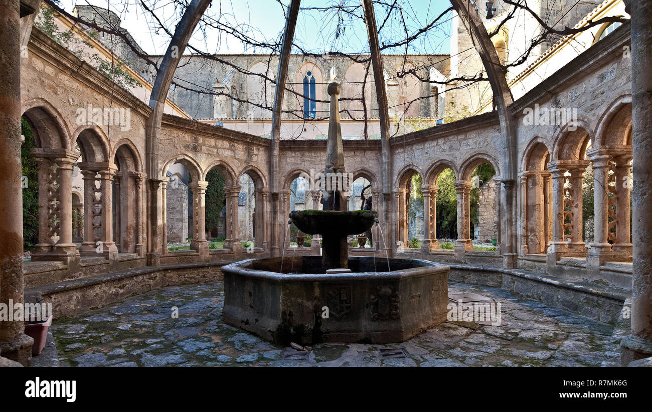 Valmagne bei Montpellier, Abtei, Kreuzgang, Brunnenhaus, mit rekonstruierten Gewölberippen, dahinter Abteikirche Stockfoto
