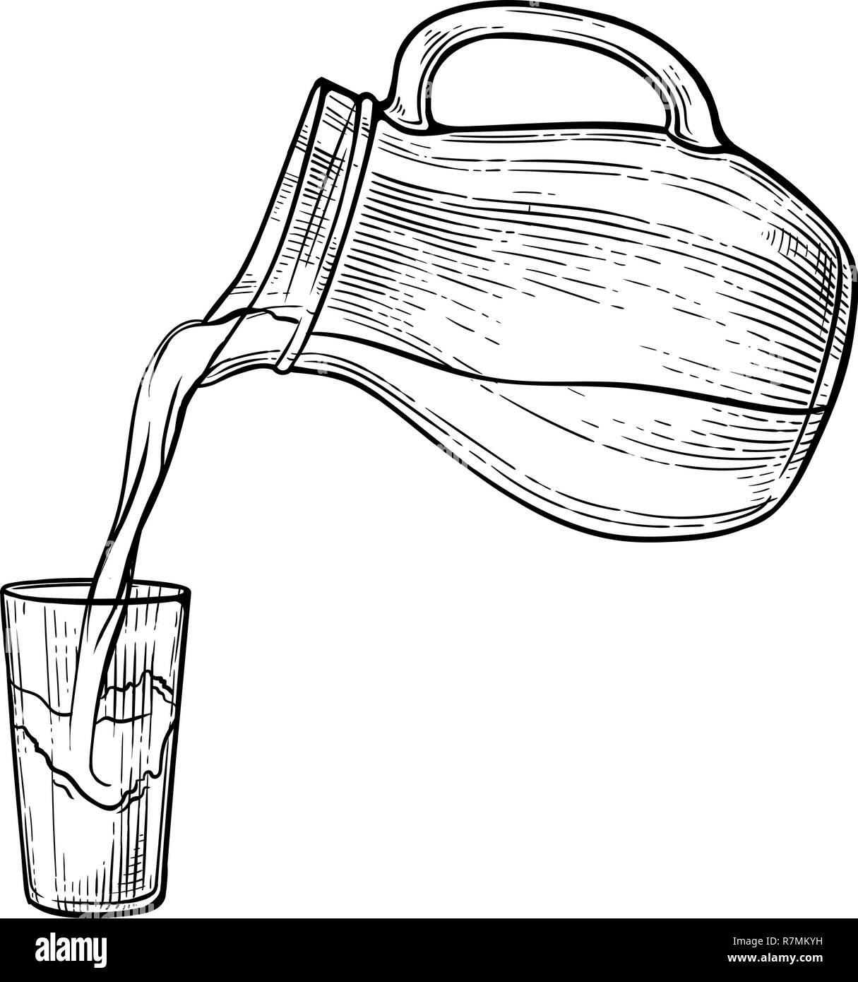 Skizze Wasser oder Milch Spritzen aus Glas Krug. Vector Illustration Stock Vektor