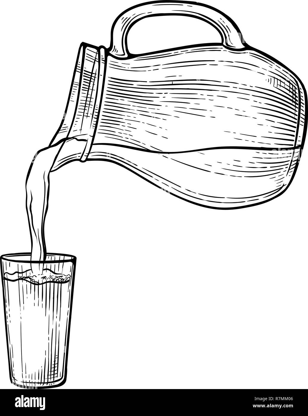 Skizze Wasser oder Milch Spritzen aus Glas Krug. Vector Illustration Stock Vektor