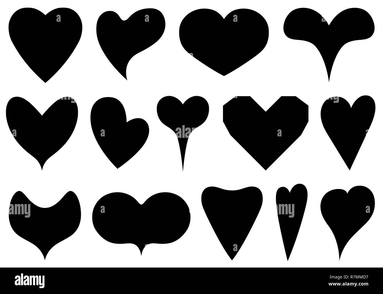 Reihe von verschiedenen Herzen isoliert auf weiss Stockfoto