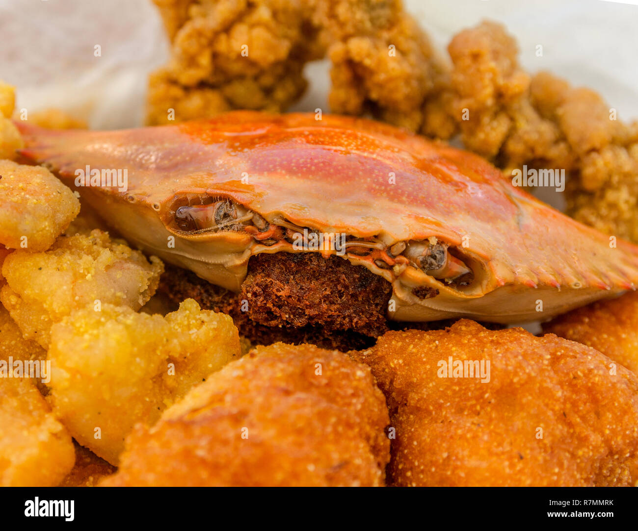 Ein deviled Krabbe sitzt auf einem Teller mit gebratener Fisch, gebratene Garnelen und gebratene Austern auf der 65. jährlichen Segnung der Flotte im Bayou La Batre, Alabama. Stockfoto