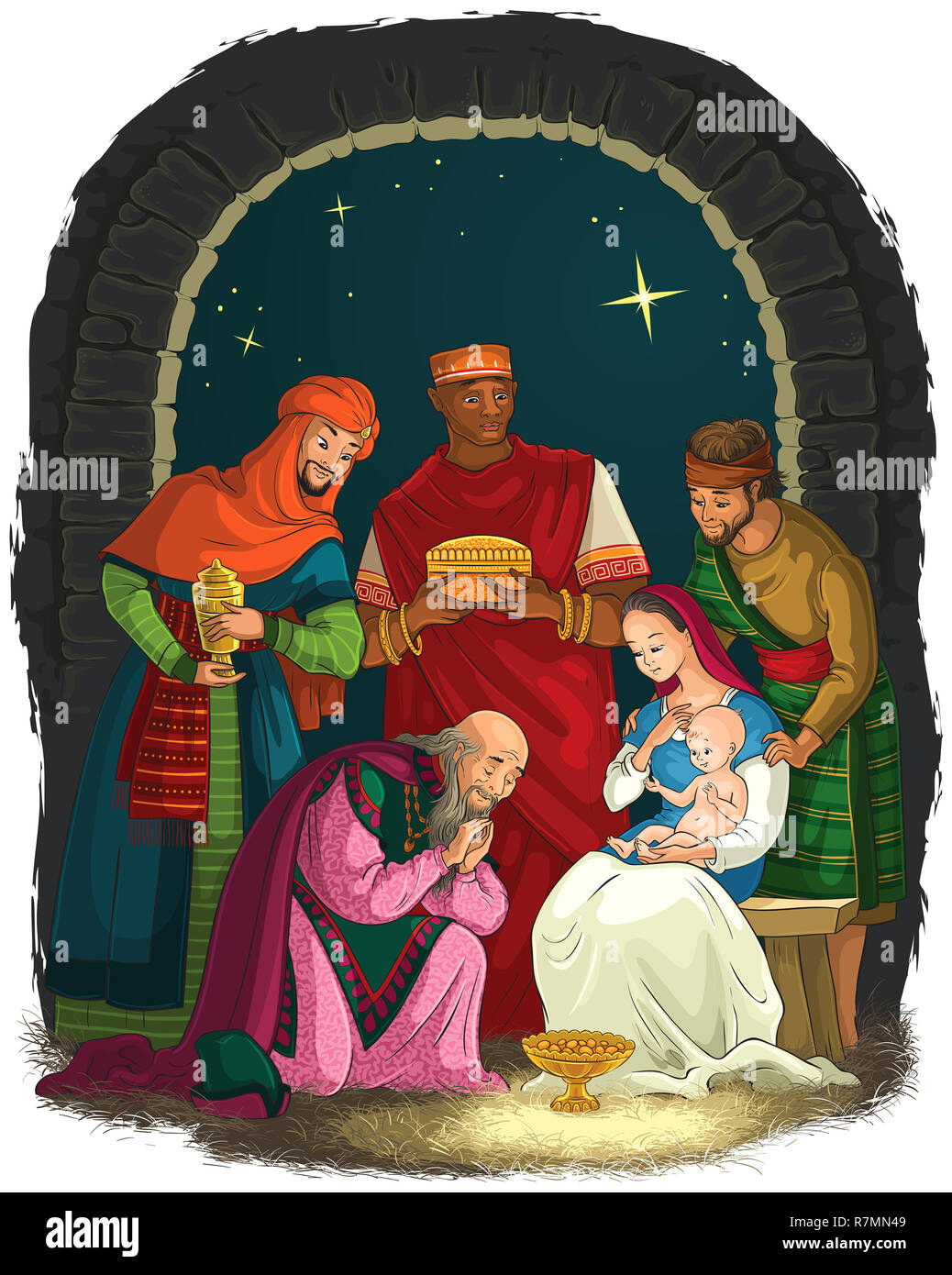Weihnachten Krippe mit Jesus, Maria, Josef und die Heiligen Drei Könige - Weisen Stockfoto