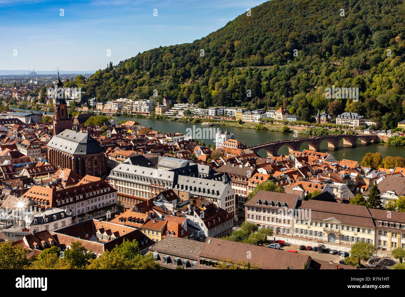 Blick auf die Altstadt von Heidelberg, Neckar, alte Brücke, Heiliggeistkirche, Neckar, Stockfoto