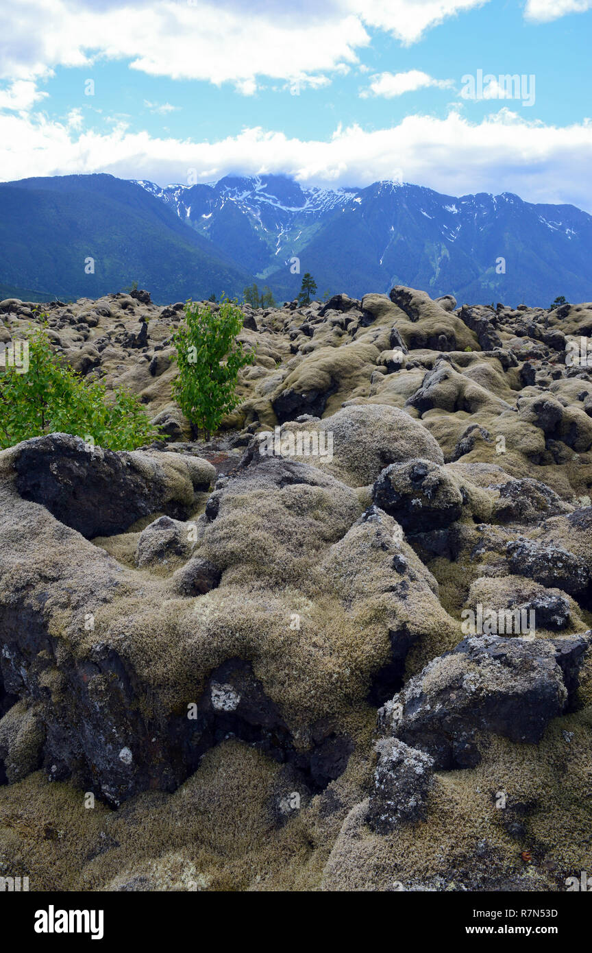 Felsen und Berge in Nisga'a Memorial Lava Bed, British Columbia, Kanada, 02. Stockfoto
