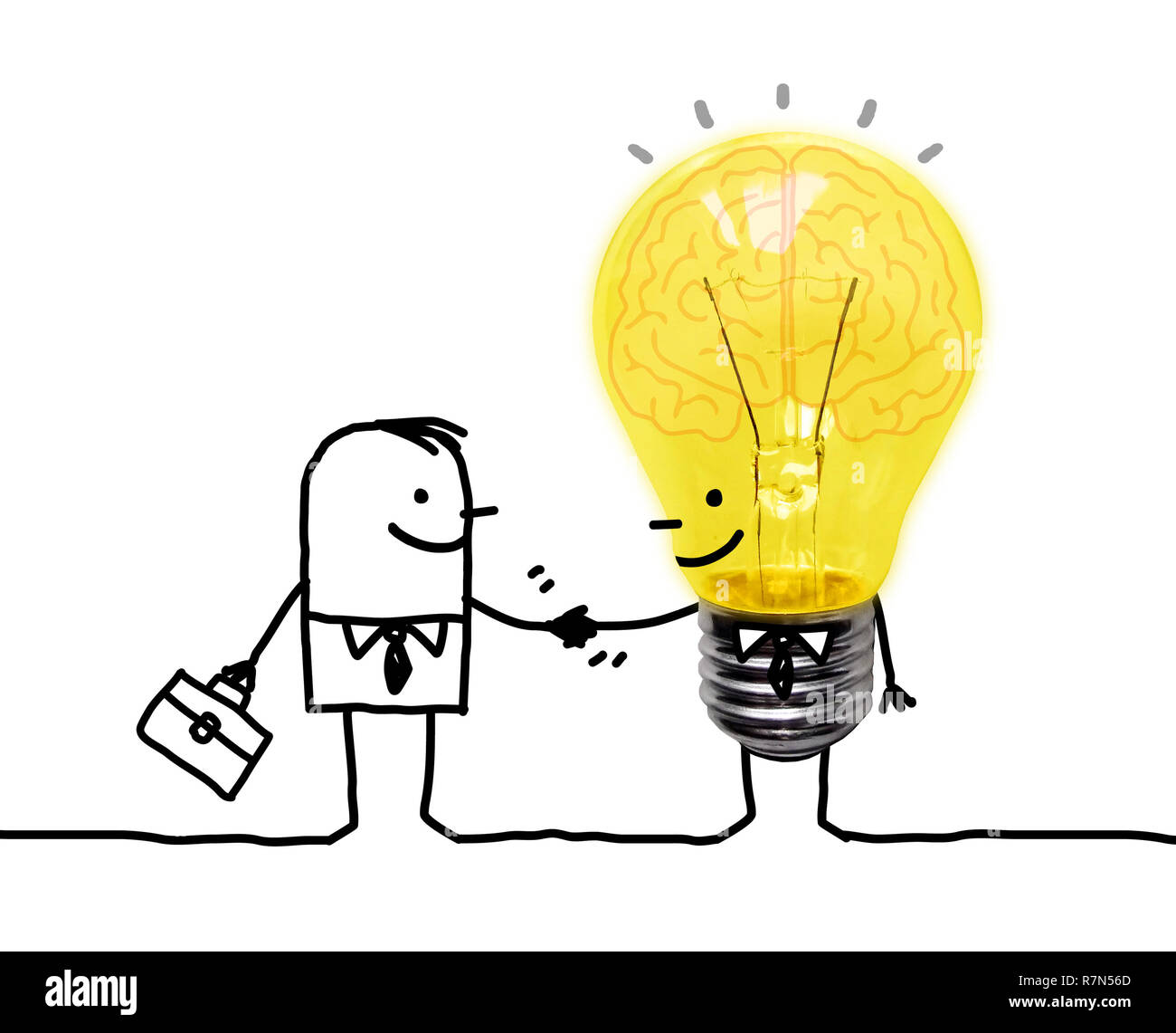 Hand Cartoon Geschäftsmann Händeschütteln mit lustigen Glühbirne Charakter gezeichnet Stockfoto