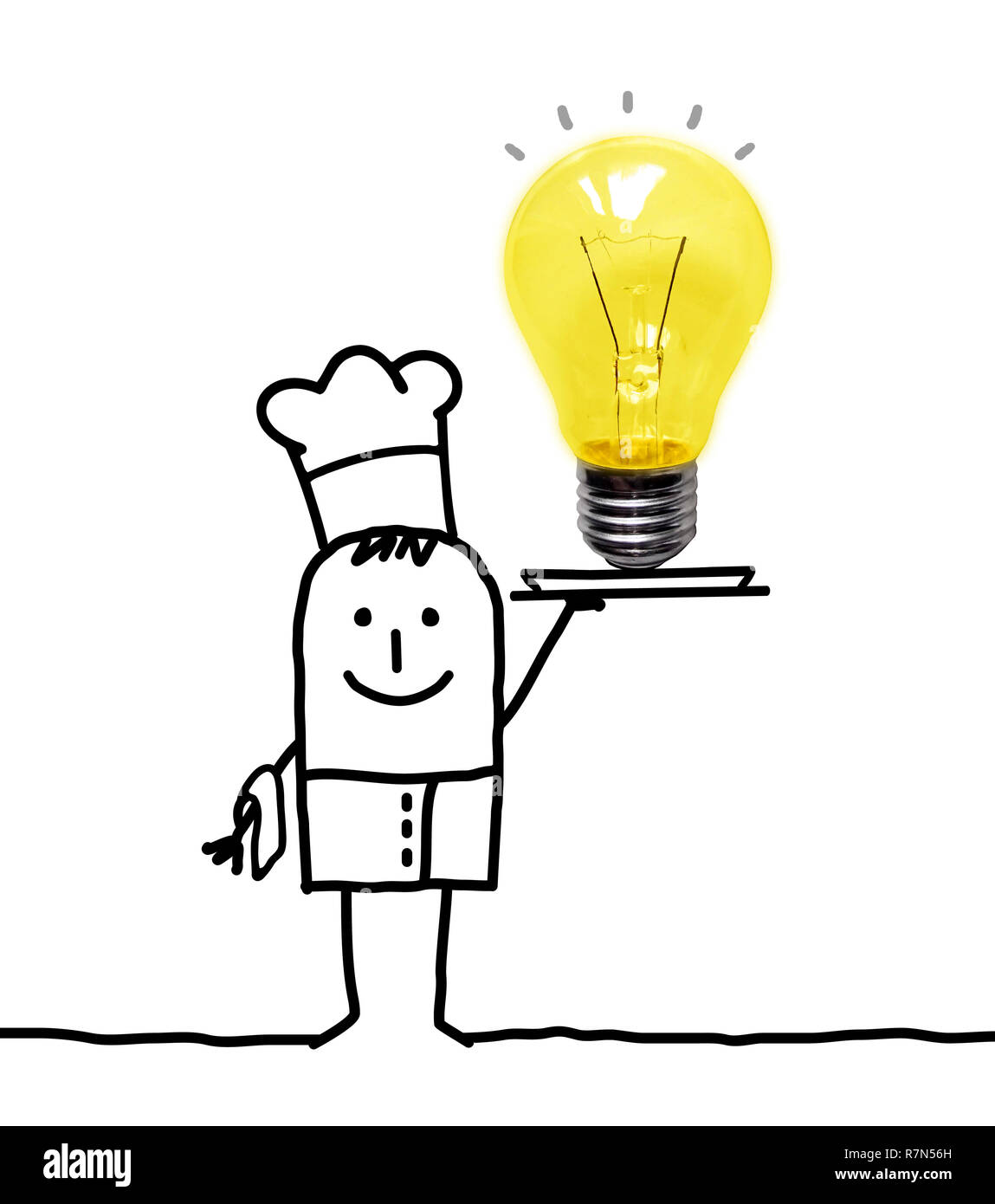 Hand Cartoon Koch Küchenchef mit großen Glühbirne in einem Fach gezeichnet Stockfoto