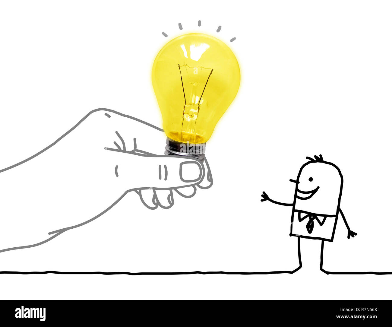 Hand Cartoon grosse Hand, eine Glühbirne zu einem Cartoon Mann gezeichnet Stockfoto