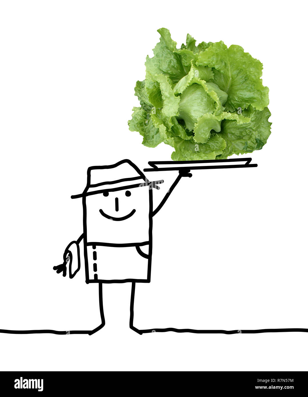 Hand Cartoon Farmer mit großen, frischen Salat in einem Fach gezeichnet Stockfoto