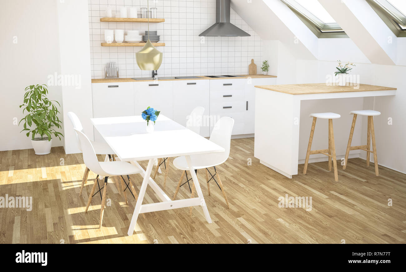 Minimaler Luxus Küche auf Apartment im Dachgeschoss 3D-Rendering Stockfoto