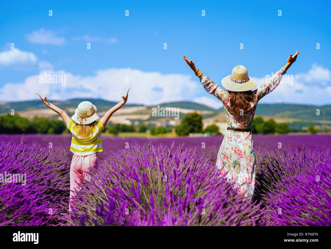 Von hinten trendy Mutter und Tochter im lavendelfeld in der Provence, Frankreich freuen. Mutter und Kind Reisende möchten Sie interessante Foto zu machen gesehen Stockfoto