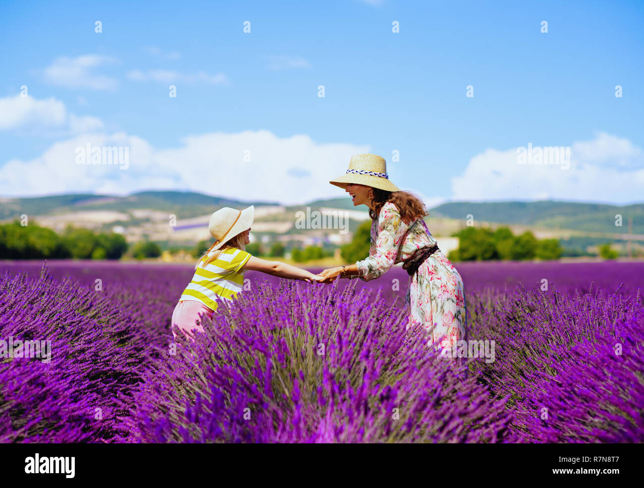 Stilvolle Mutter und Tochter im lavendelfeld in der Provence, Frankreich stand halten sich an den Händen. Familie verbringen Spaß Tag in endlosen Ebenen von Lavendel. Perfekt Stockfoto