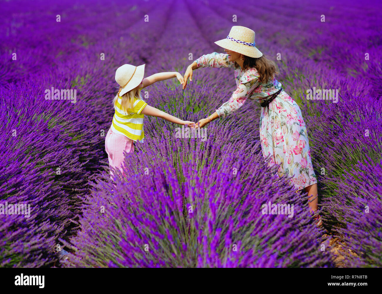 Trendy Mutter und Kind Herz mit Hände gegen Lavendelfeld in der Provence, Frankreich. Südlich von Frankreich ideal für Agrotourismus und auch neue Stockfoto