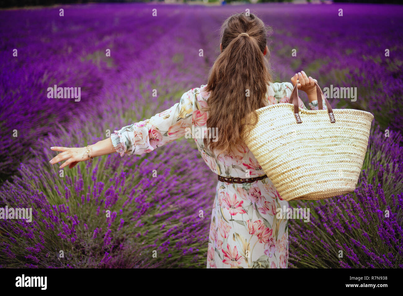 Hinter der eleganten Frau im Sommerkleid mit Stroh Beutel voller Freude gegen Lavendelfeld in der Provence, Frankreich gesehen. Einen unvergesslichen inspirierenden Reise nach Stockfoto