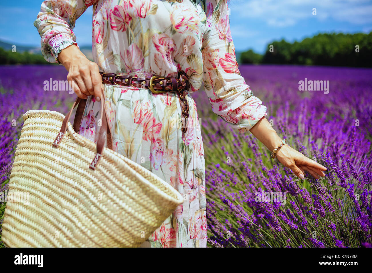 Nahaufnahme auf die moderne Frau im Sommerkleid mit Stroh Beutel berühren Lavendel gegen Lavendelfeld in der Provence, Frankreich. Unvergessliche Atmosphäre des purpl Stockfoto