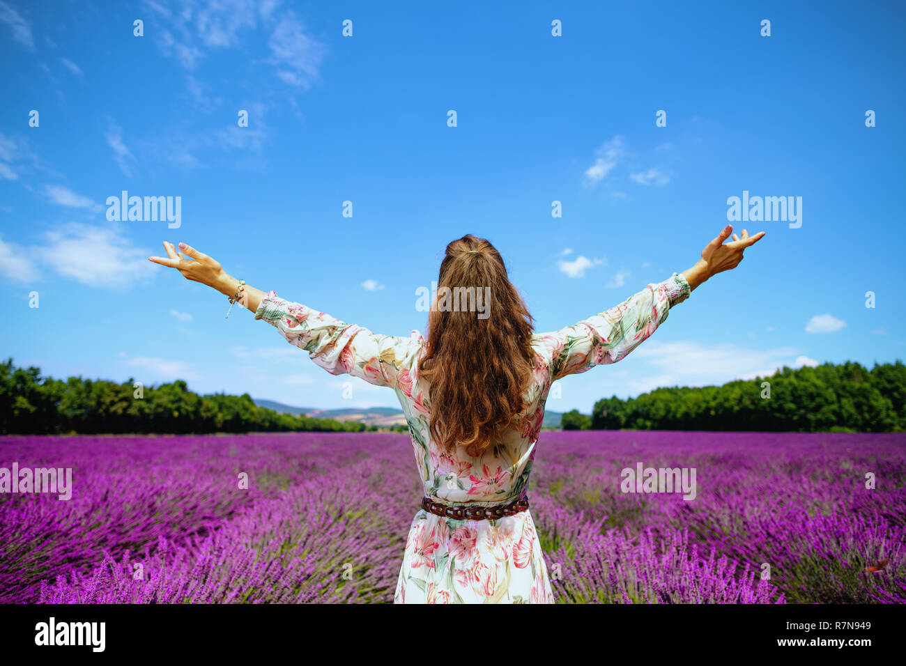 Hinter der jungen Frau im langen Kleid im lavendelfeld in der Provence, Frankreich gesehen freuen. Perfekte Bild der provenzalische Sommer Für social media Profil Stockfoto