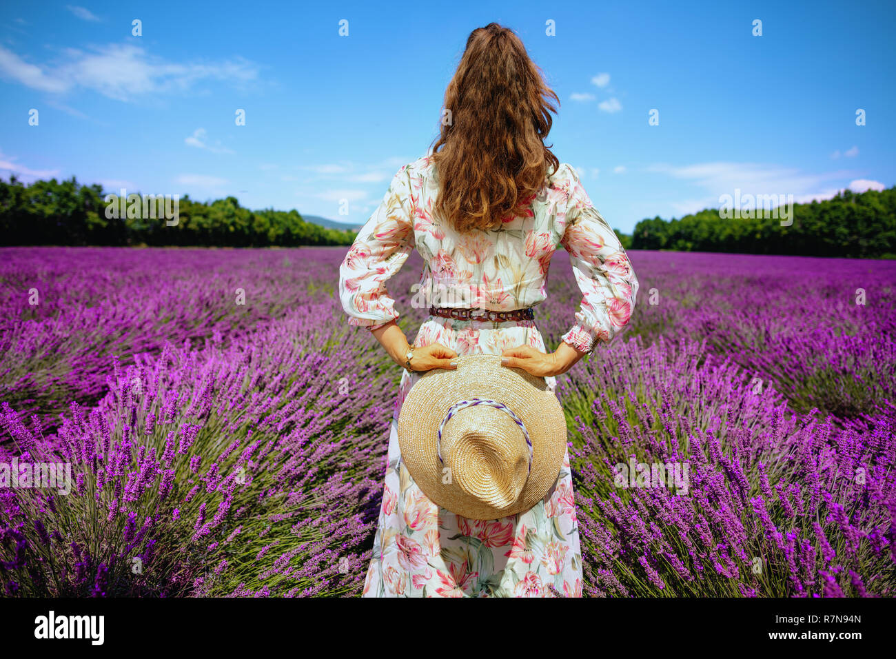Hinter der eleganten Frau in geblümten Kleid mit Stroh Hut gegen Lavendelfeld in der Provence, Frankreich. Frau genießen unwiderstehlichen Charme von Frankreich gesehen Stockfoto