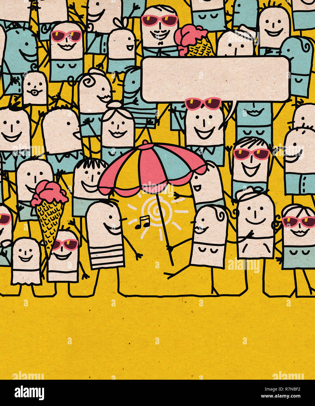 Hand Cartoon Leute gezeichnet und glückliche Sommer Stockfoto