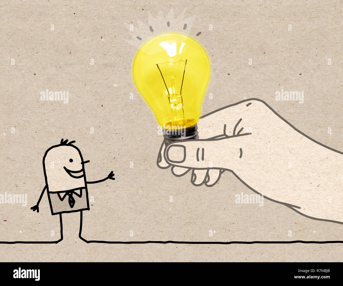 Cartoon grosse Hand, eine Glühbirne zu einem Cartoon Mann - Abbildung auf Braun strukturiertes Papier Stockfoto