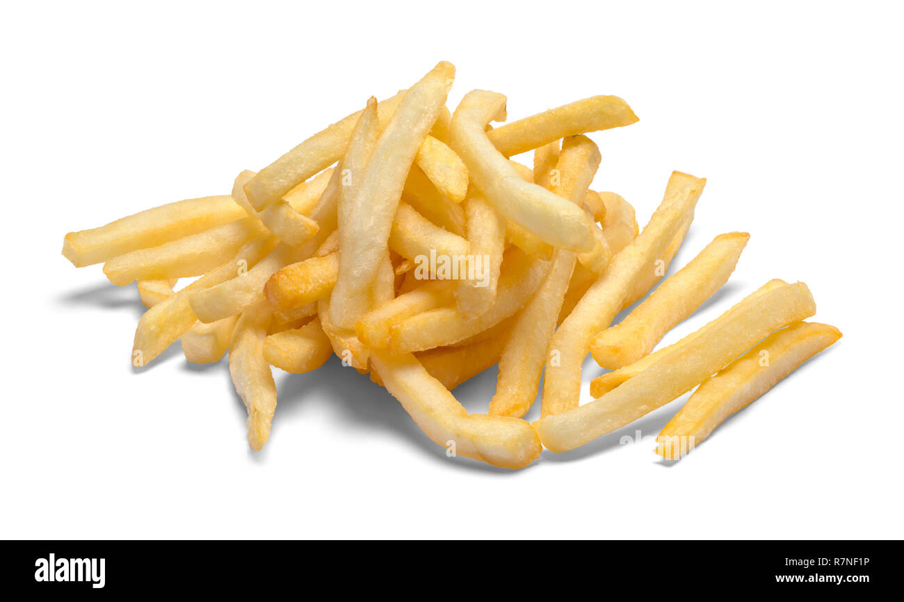 Stapel von Pommes Frites isoliert auf weißem Hintergrund. Stockfoto