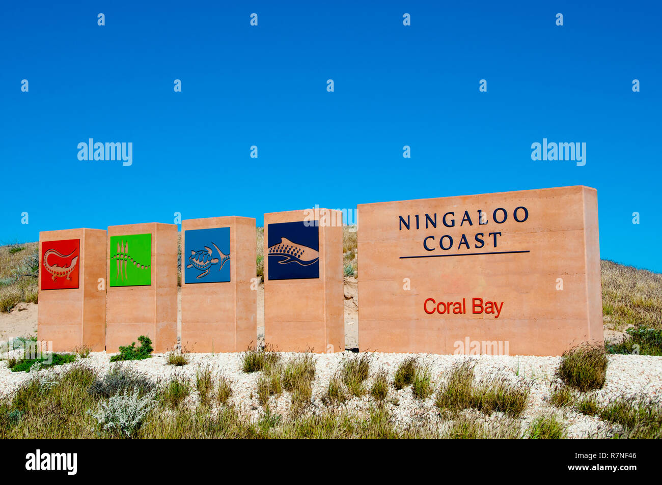 Coral Bay willkommen Sign-Western Australia Stockfoto