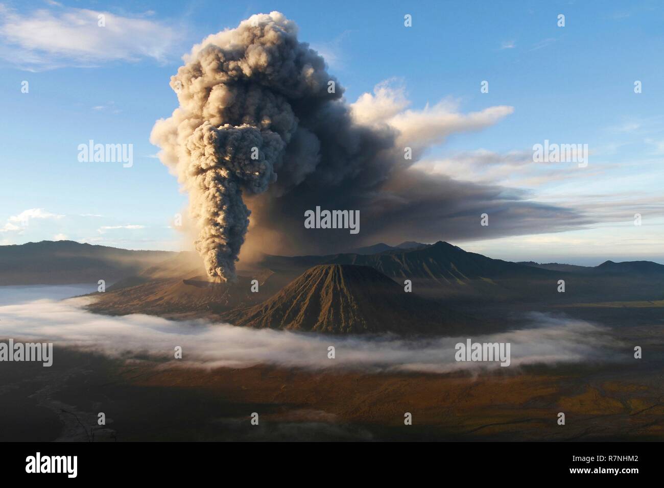 Indonesien, Java, Vulkane von Ost Java, Bromo Vulkan Ausbruch in der Caldeira des Tengger Stockfoto