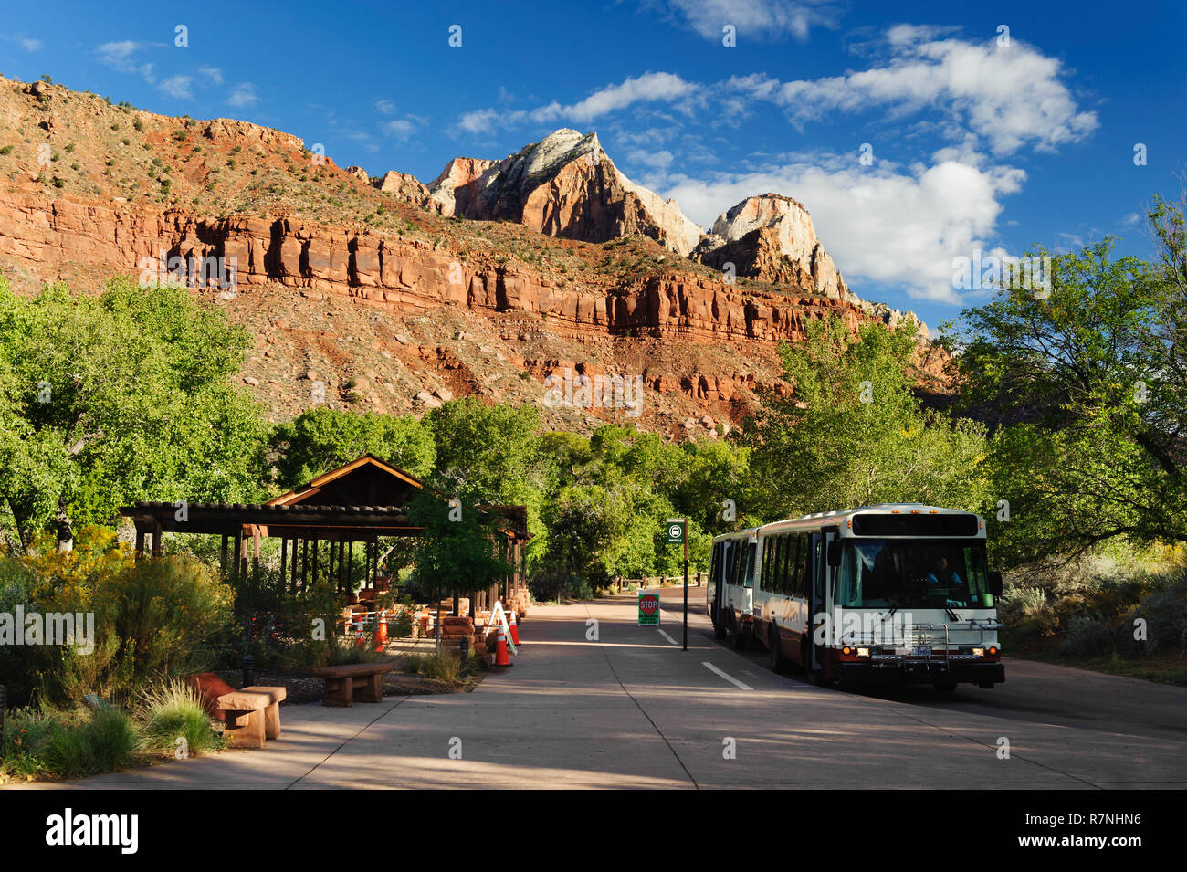 Shuttle Bus Stop, Zion National Park, Utah, USA. Stockfoto