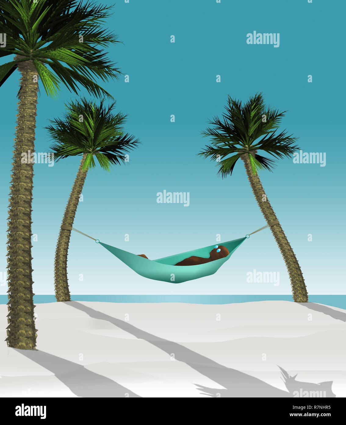Hier ist ein 3-D-Abbildung eines Mannes liegen in einer Hängematte zwischen zwei kleine Palmen an einem tropischen Strand mit weißem Sand machen. Dies ist ein Illu Stockfoto