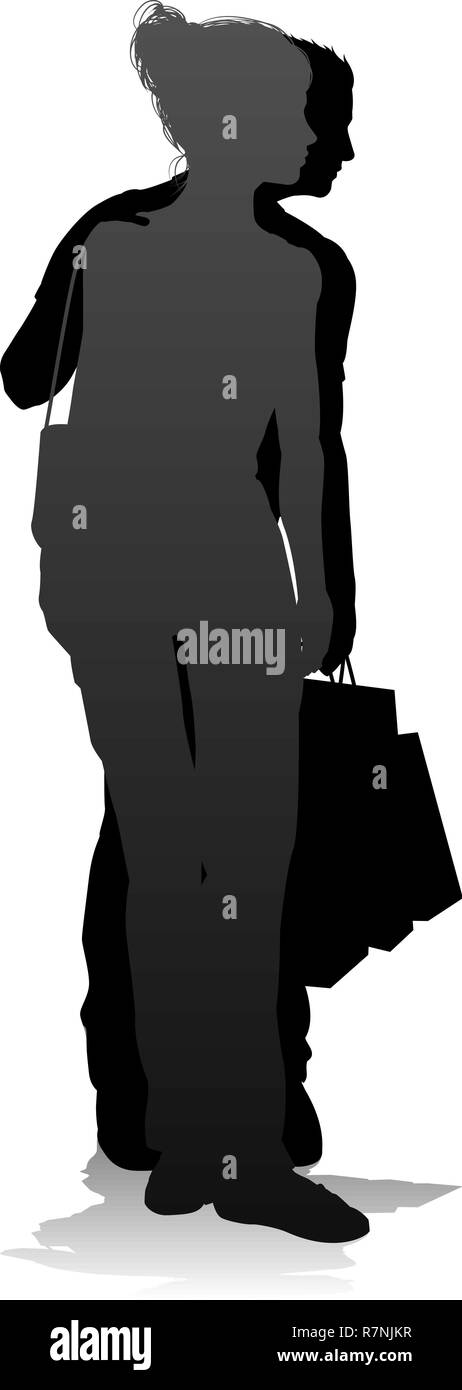 Junge Paar Einkaufen Silhouetten Stock Vektor