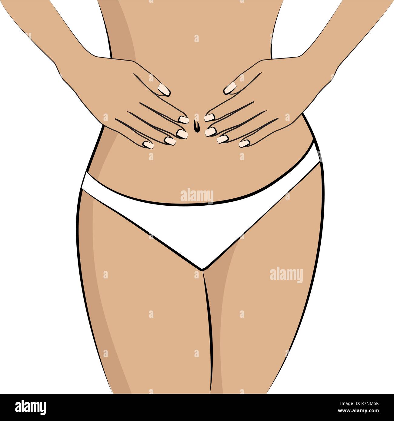 Junge Frau mit Magenschmerzen auf weißem Hintergrund Vektor-illustration EPS 10 isoliert Stock Vektor
